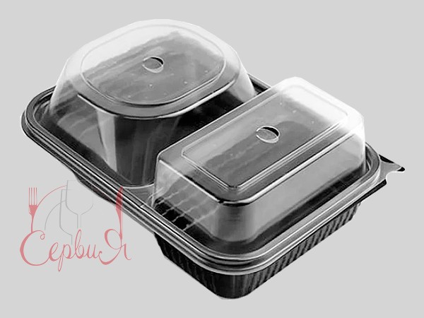 Контейнер РР 230х180х80мм двосекційний д/бургера чорний з прозор. кришкою 10шт 010928_2