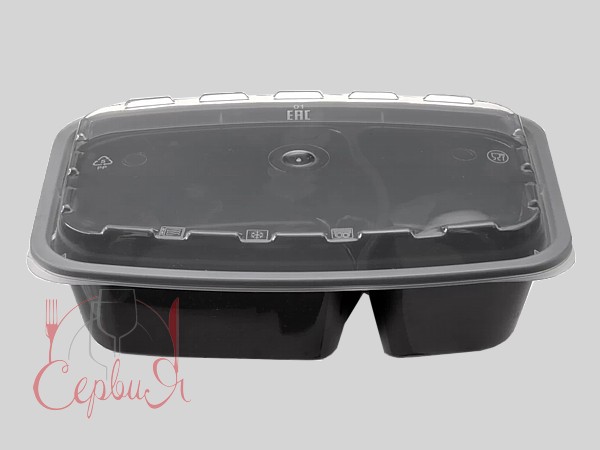 Контейнер РР 211х146х51мм двосекційний чорний з прозор.кришкою 800мл 10шт 015403 1262_2