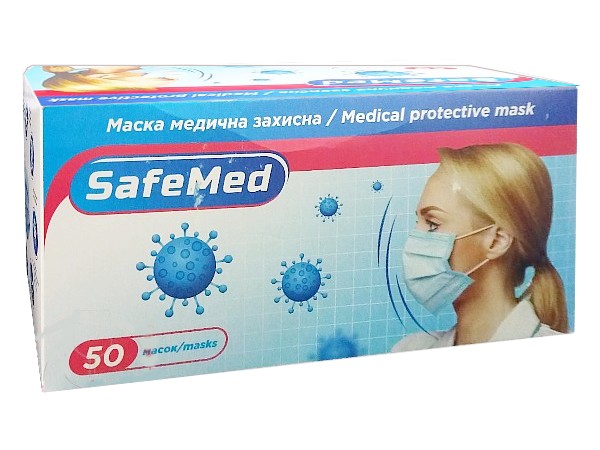 Маска мед. спанбонд однораз. 3шар. біло-блакитна 50шт SafeMed_1