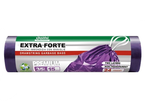 Пакет для сміття 35л 15шт фіолетовий з затяжкою Domi 3420_1