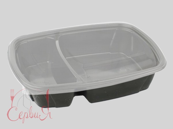 Контейнер РР ланч-бокс 230х170х50мм двосекційний чорний з прозор.кришкою 950мл 10шт 015005/015007_2
